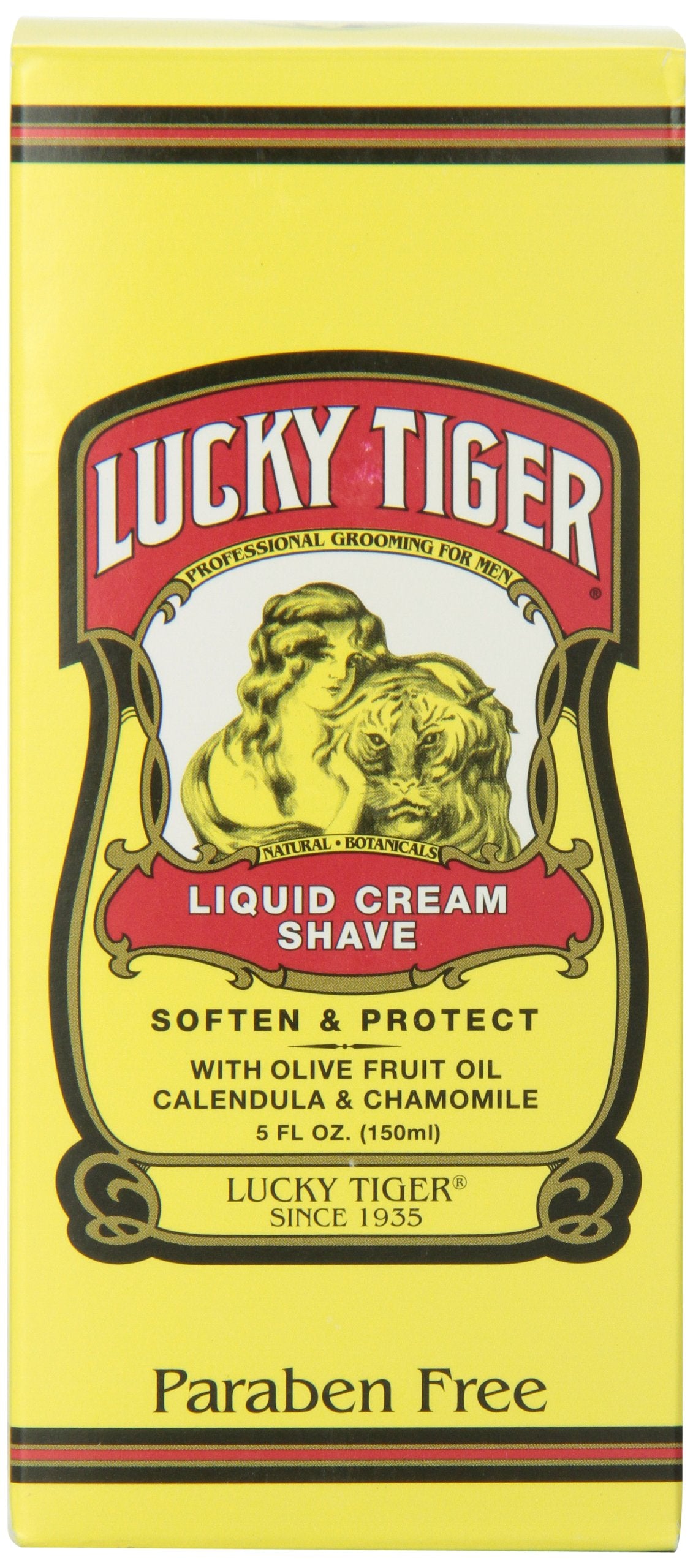 Lucky Tiger Liquid Cream Shave bottle highlights olive oil for nourished skin.