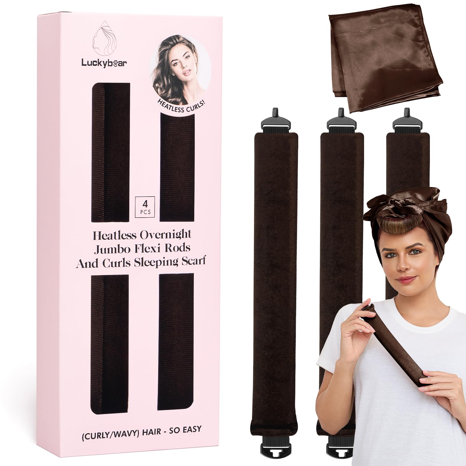 Luckybear heatless curls overnight rods brown set shown for no-heat, damage-free curl results by morning.
