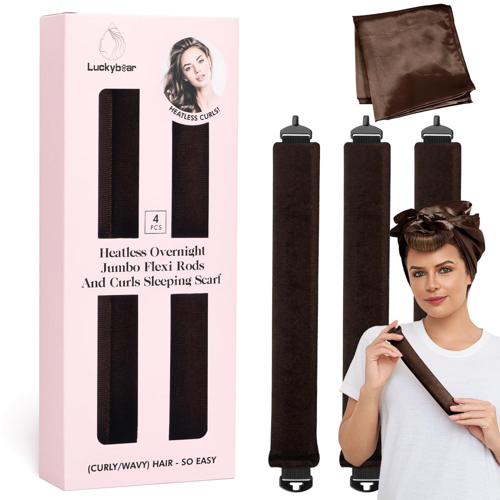 Luckybear heatless curls overnight rods brown set shown for no-heat, damage-free curl results by morning.
