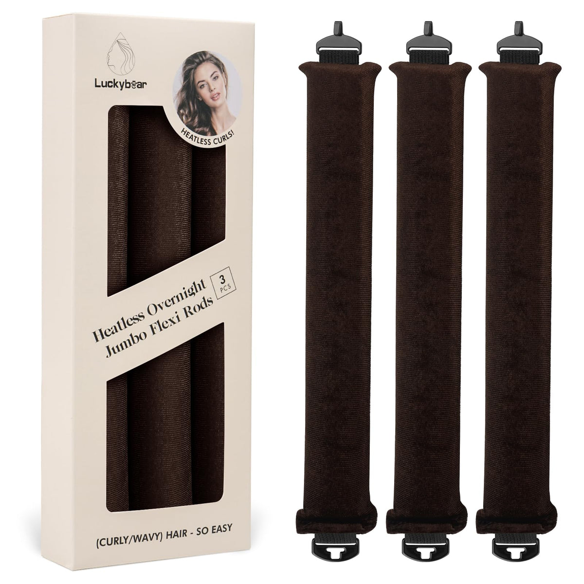 Luckybear overnight heatless curler 3pcs pack shows soft velvet satin for snag-free styling