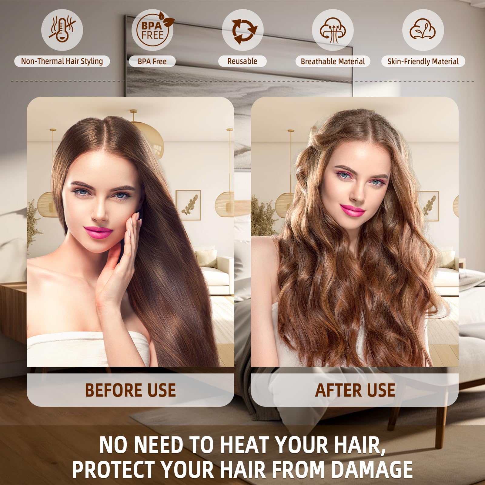 Luckybear wake-up curls last all day with air-dried, heatless styling.