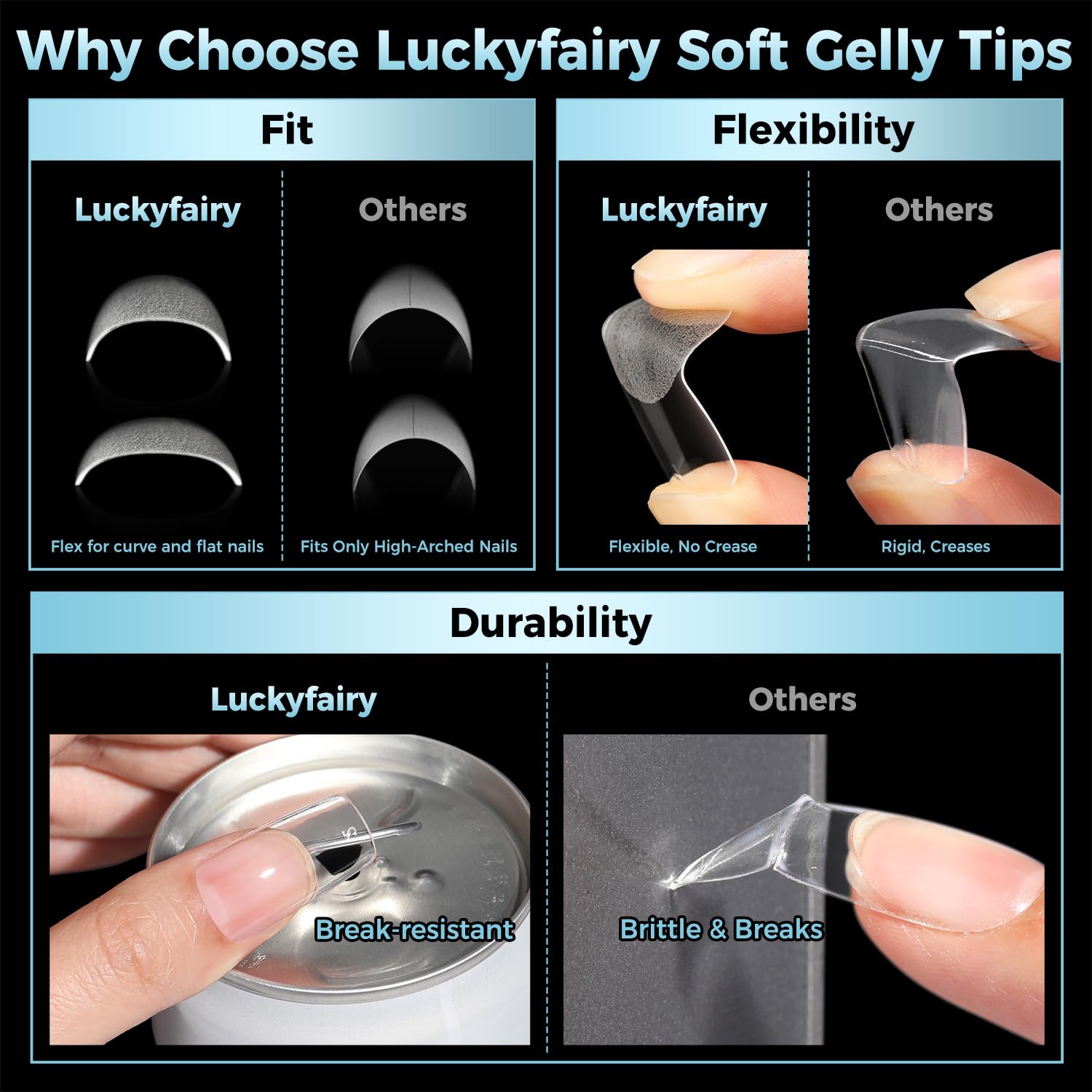 Luckyfairy back-edge curved tips fit nails comfortably.