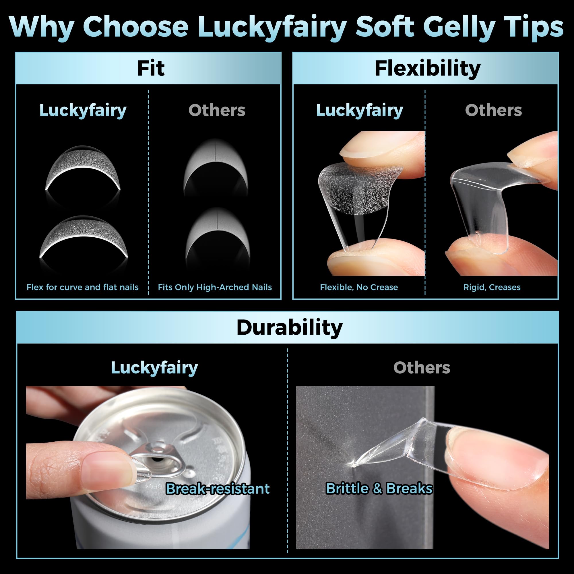 Luckyfairy foldable soft gel tips bend without leaving marks.