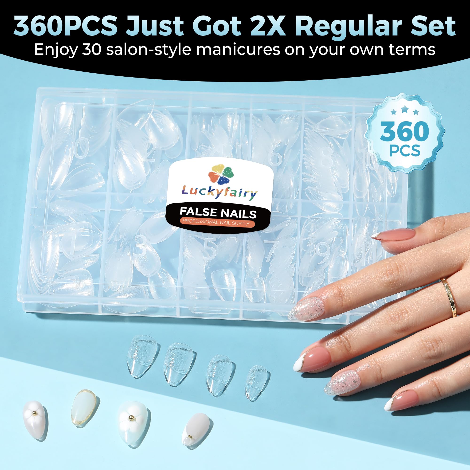 Luckyfairy full-cover almond tips extend nails for polished home manicures.