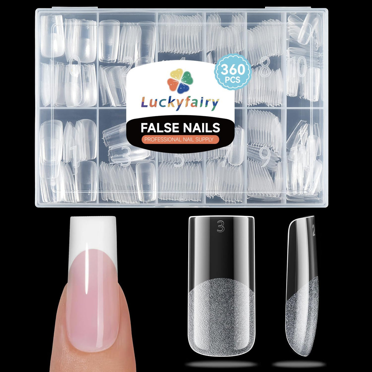 Luckyfairy medium square nail tips 360pc set for at-home extensions.