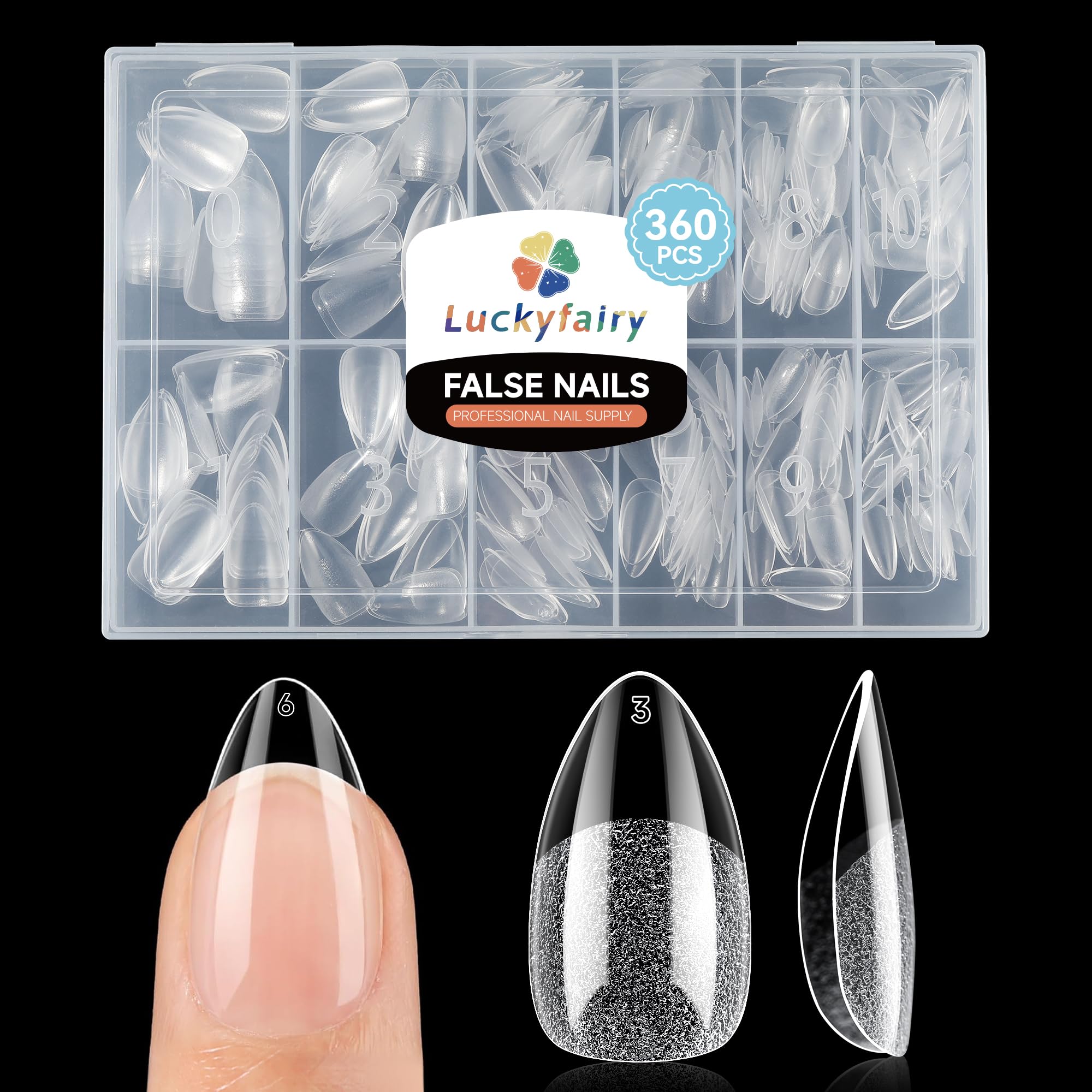 Luckyfairy short almond nail tips 360pcs box shows DIY-friendly fit.