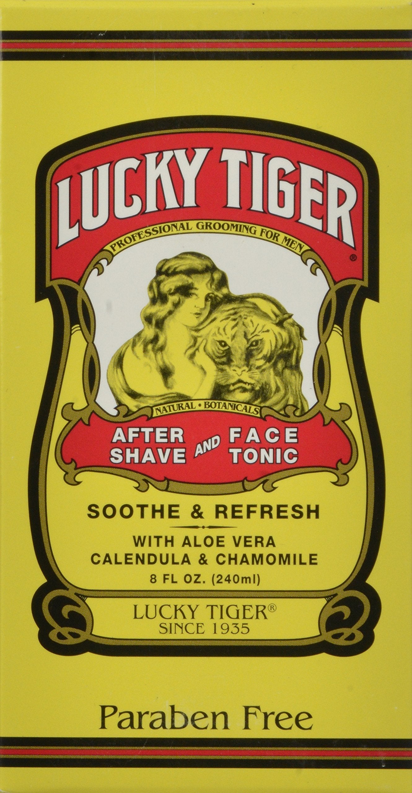 Lucky Tiger After Shave bottle front view highlights classic grooming ritual.