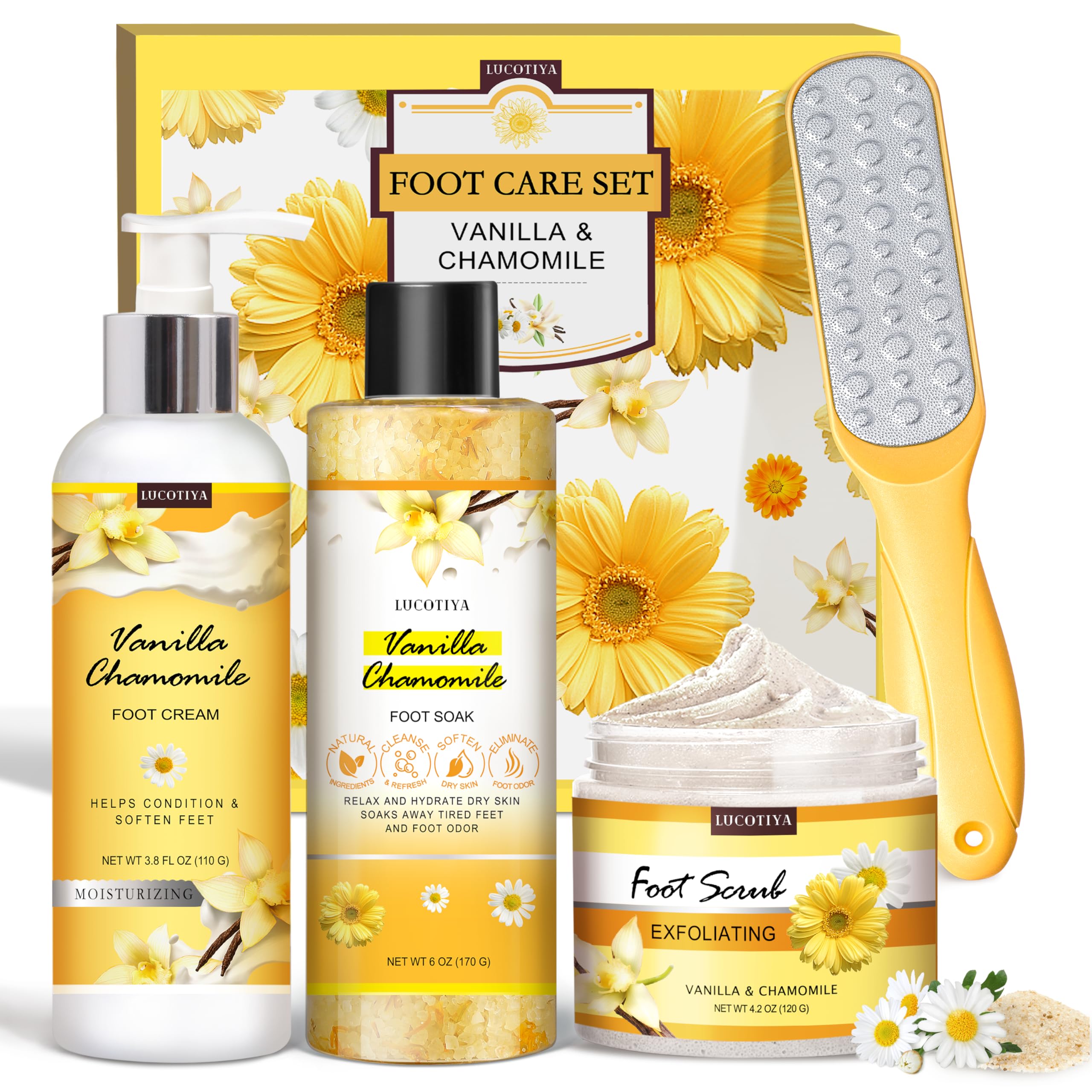 LUCOTIYA Foot Soak Set vanilla chamomile salts for relaxing at-home pedicure.