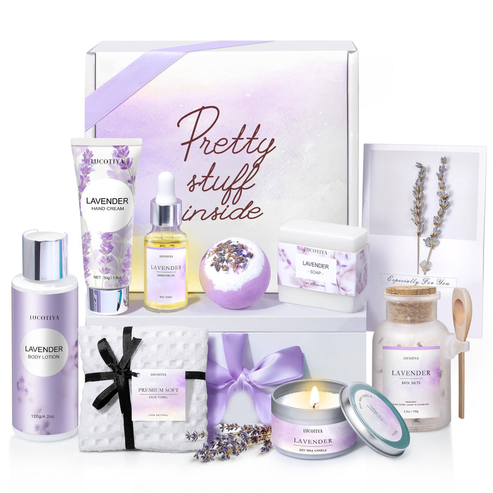 LUCOTIYA gift box lavender bath set presents premium spa vibes for birthdays and holidays.