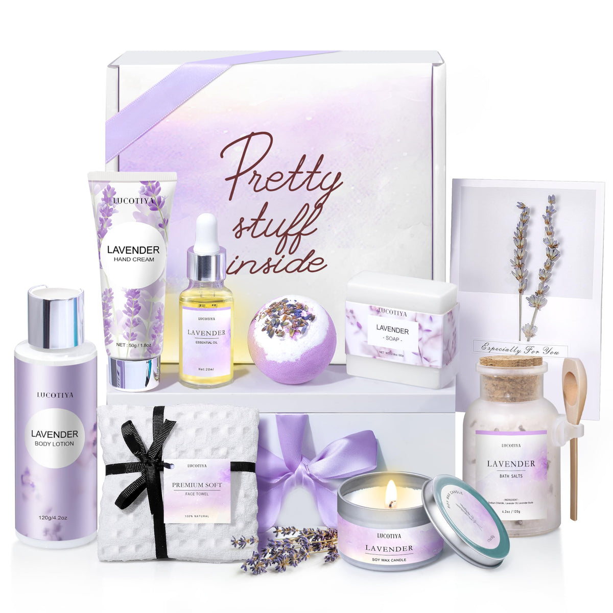 LUCOTIYA gift box lavender bath set presents premium spa vibes for birthdays and holidays.