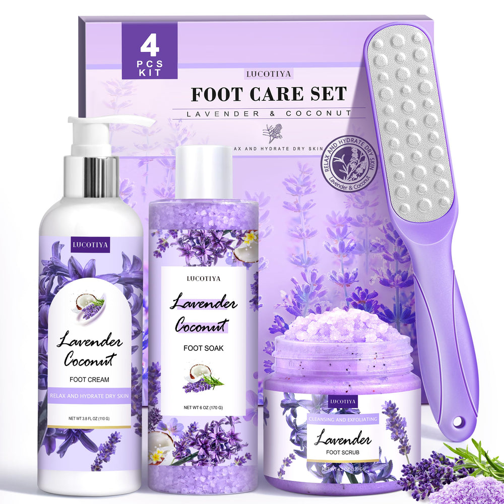 LUCOTIYA Lavender Foot Soak Salts bottle highlights soothing coconut-lavender blend for soft, refreshed feet