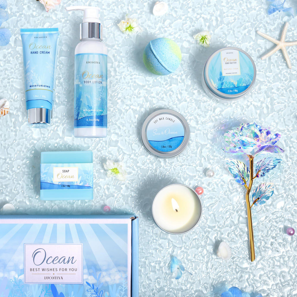 LUCOTIYA luxury self-care gift basket shows elegant arrangement perfect for birthdays or holidays.