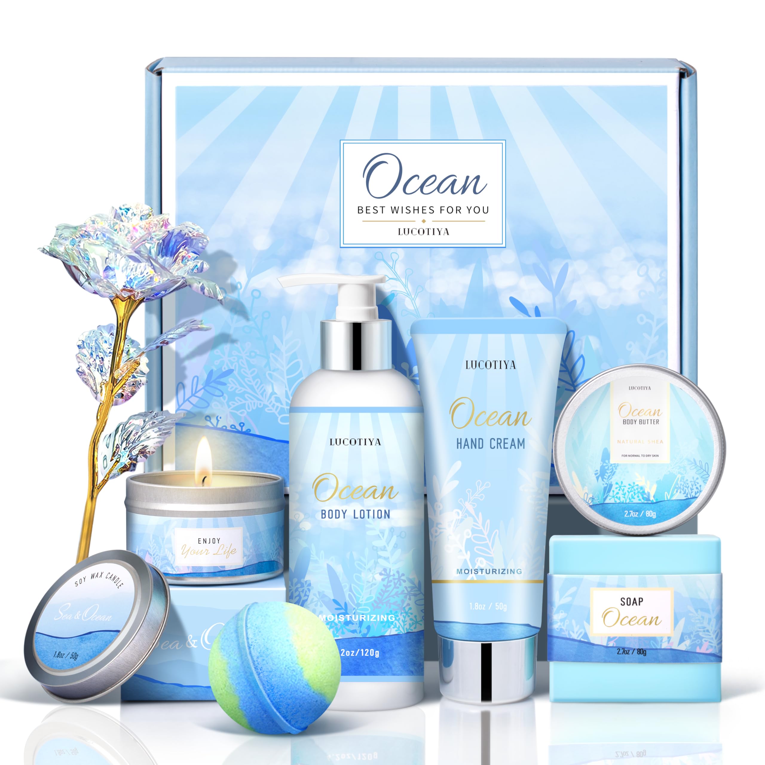LUCOTIYA ocean-scented spa gift set image highlights a luxurious unboxing experience for relaxation rituals.