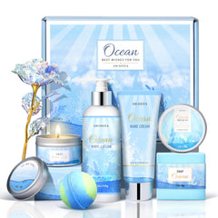 LUCOTIYA ocean-scented spa gift set image highlights a luxurious unboxing experience for relaxation rituals.