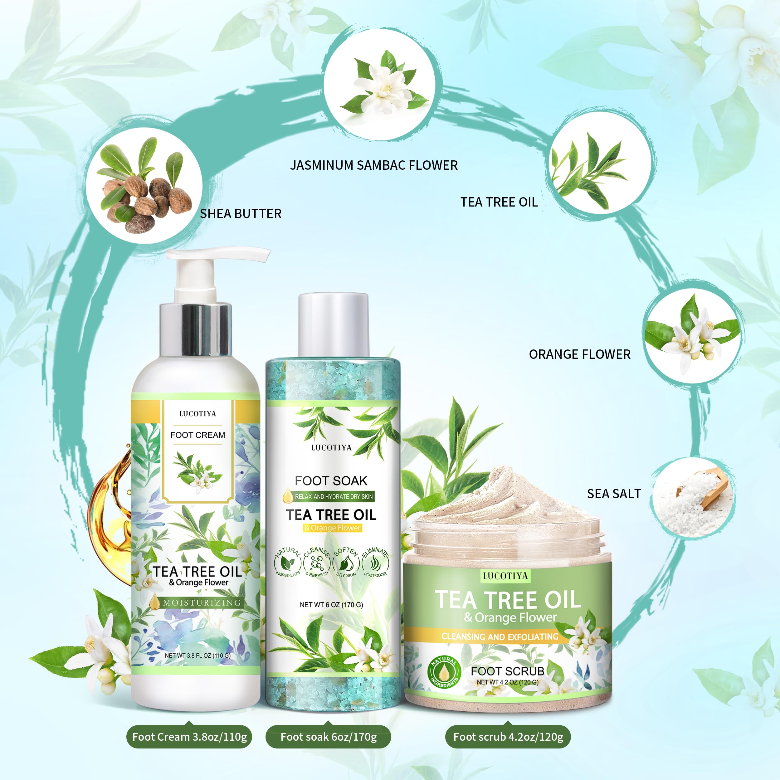 LUCOTIYA Tea Tree & Orange set in use for comfortable feet at home.