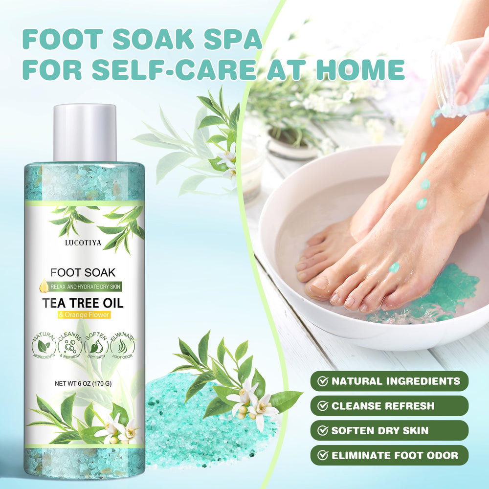 LUCOTIYA foot soak salts with tea tree oil for refreshed, clean-feeling feet.