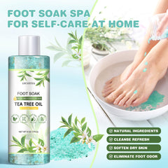LUCOTIYA foot soak salts with tea tree oil for refreshed, clean-feeling feet.