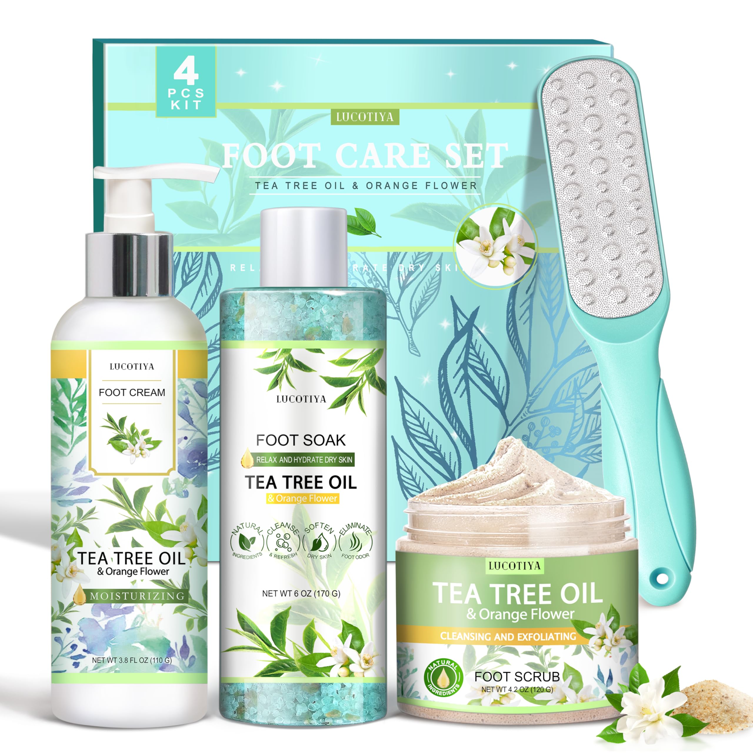 LUCOTIYA Tea Tree & Orange Foot Soak Set box for at-home spa and refreshed feet.