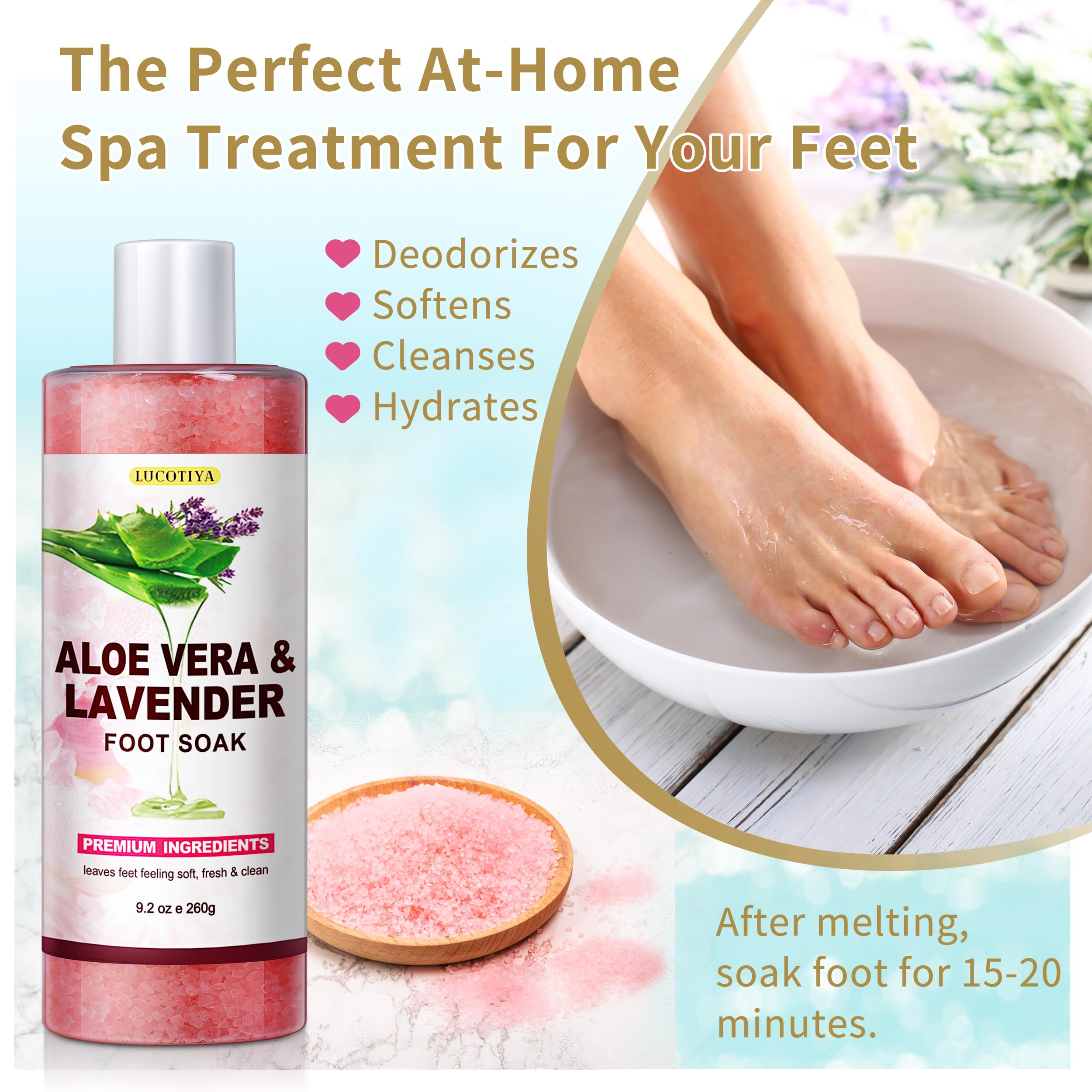 Luctiya foot soak bath salts — aloe, lavender, tea tree for soothing hydration.