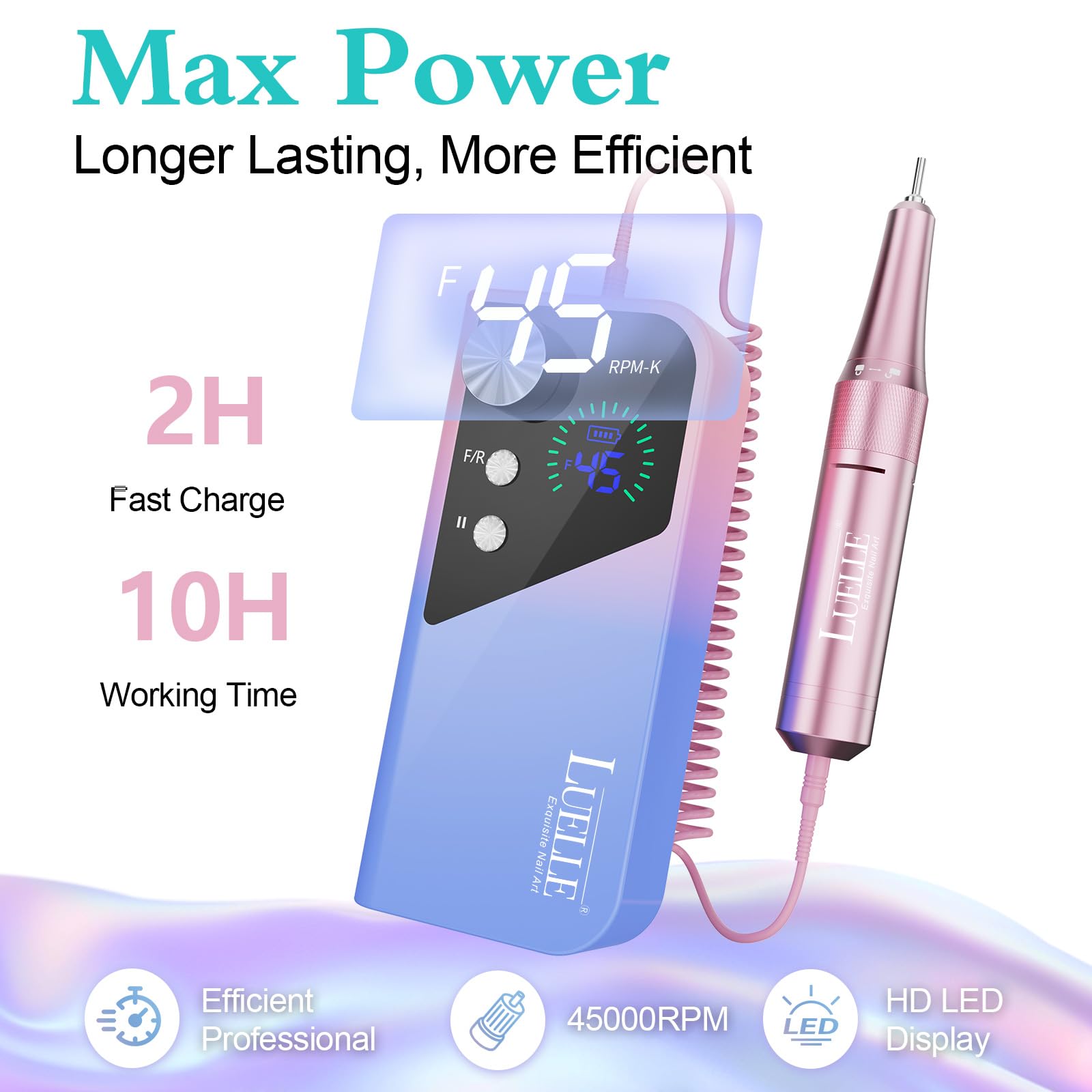 LUELLE forward/reverse nail drill supports both hands.