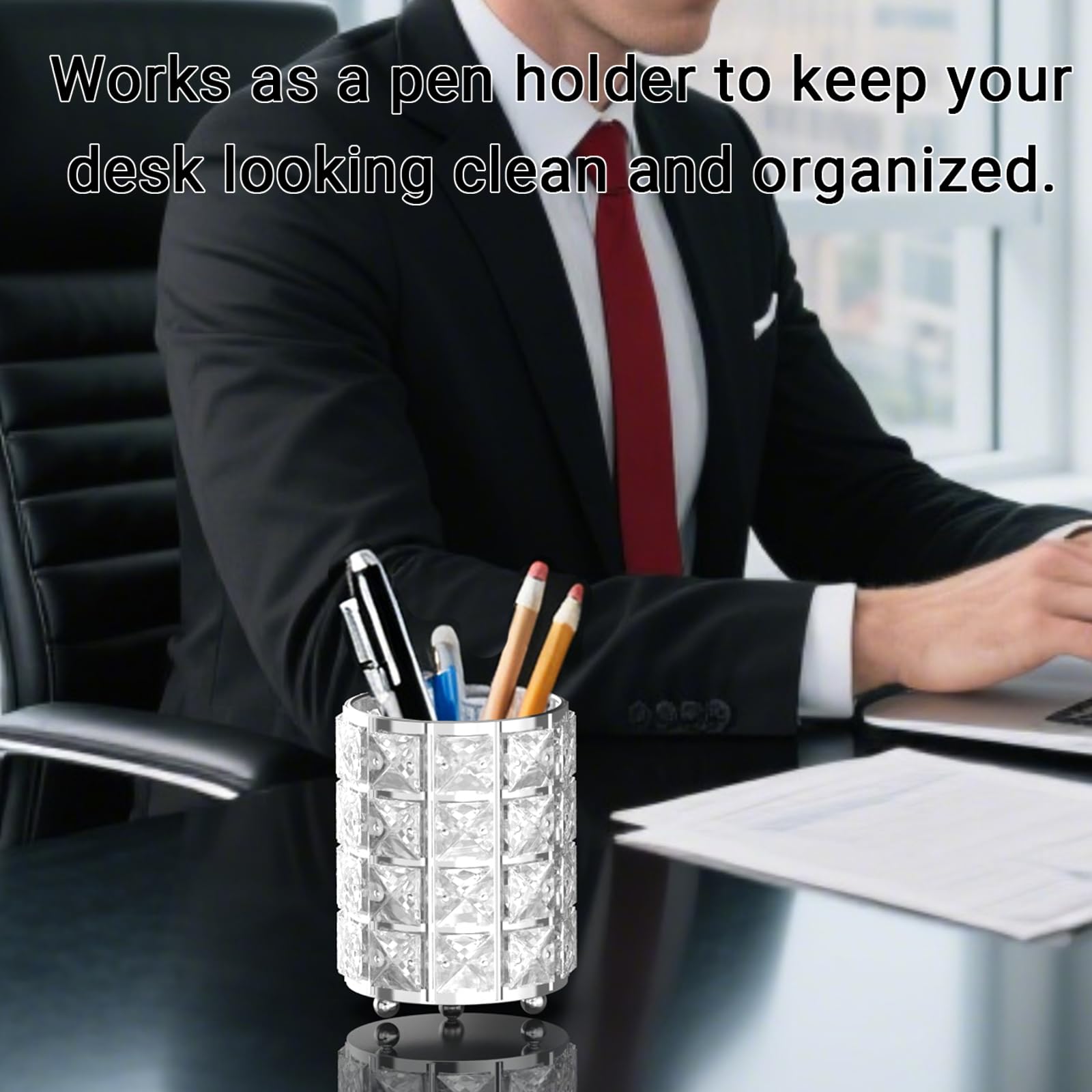 LUGUNU crystal-embellished desk cup doubles as a pen holder for organization.