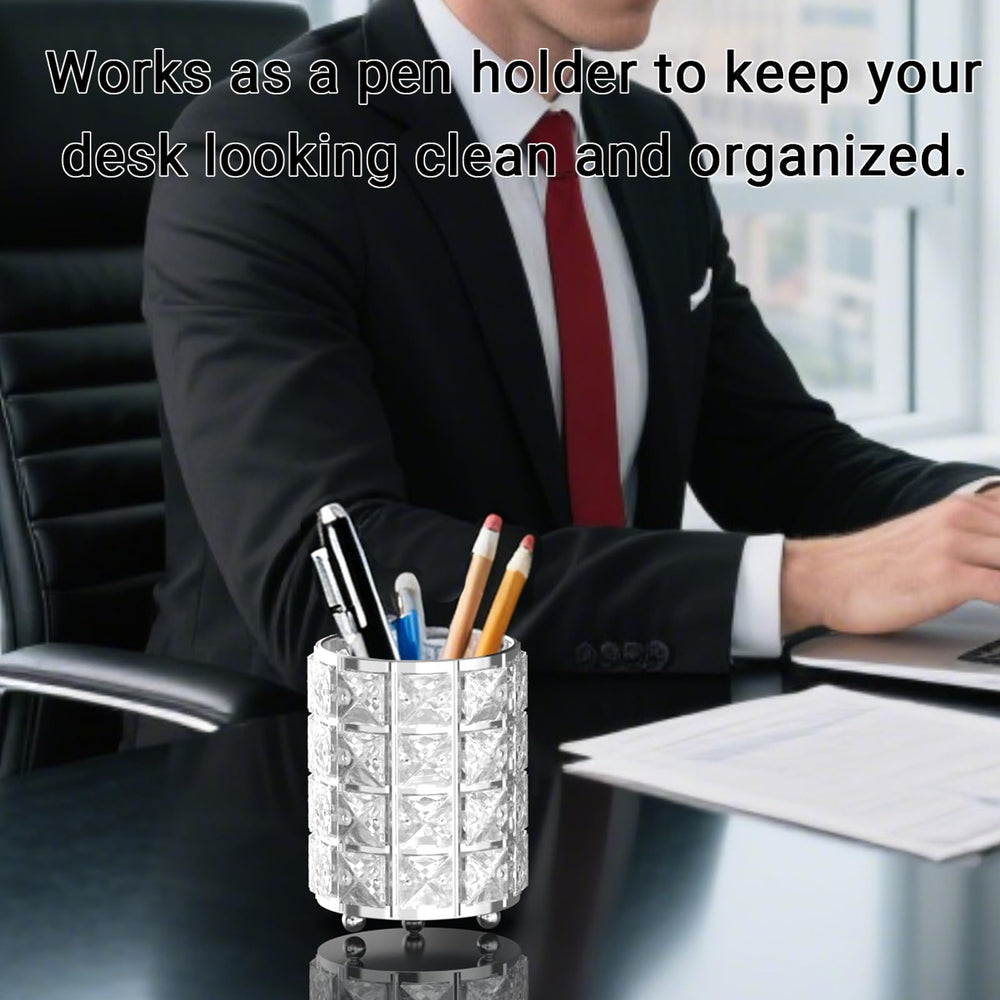 LUGUNU crystal-embellished desk cup doubles as a pen holder for organization.