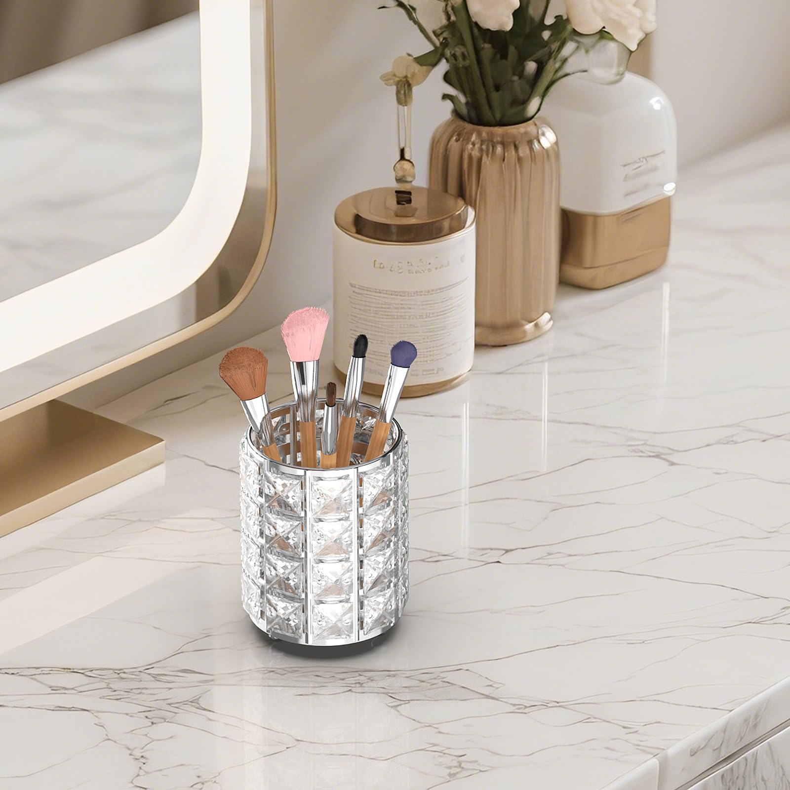 LUGUNU vanity organizer with silver crystals adds elegant desk storage for pens.