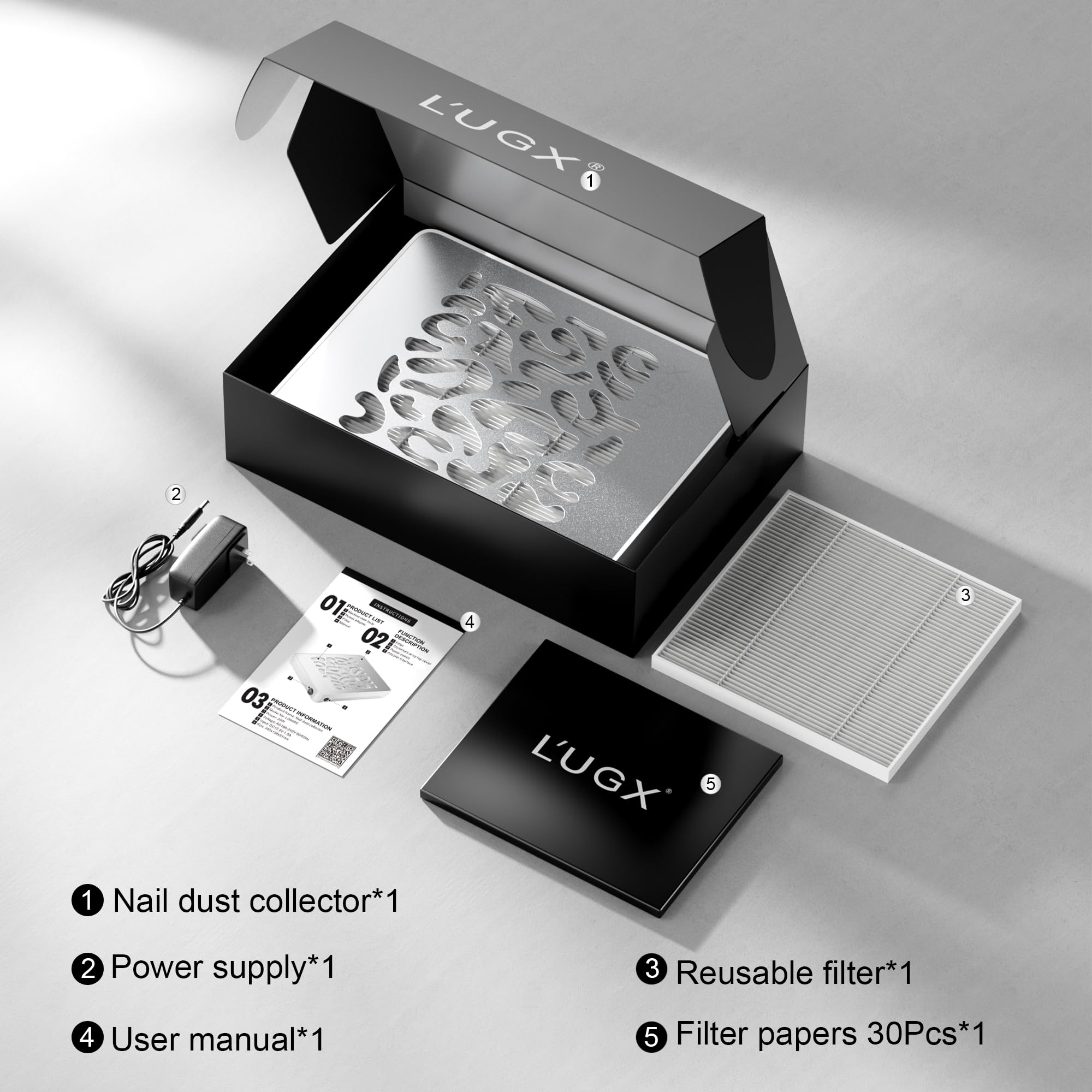 L'UGX Nail Dust Collector 360-degree suction captures dust from all angles