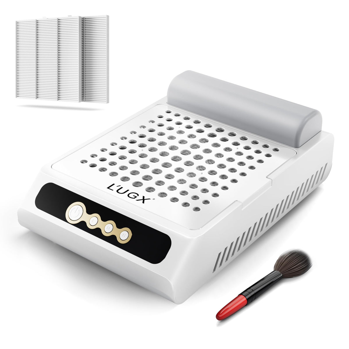L'UGX Rechargeable Nail Dust Collector front view highlights cordless convenience for on-the-go manicures.