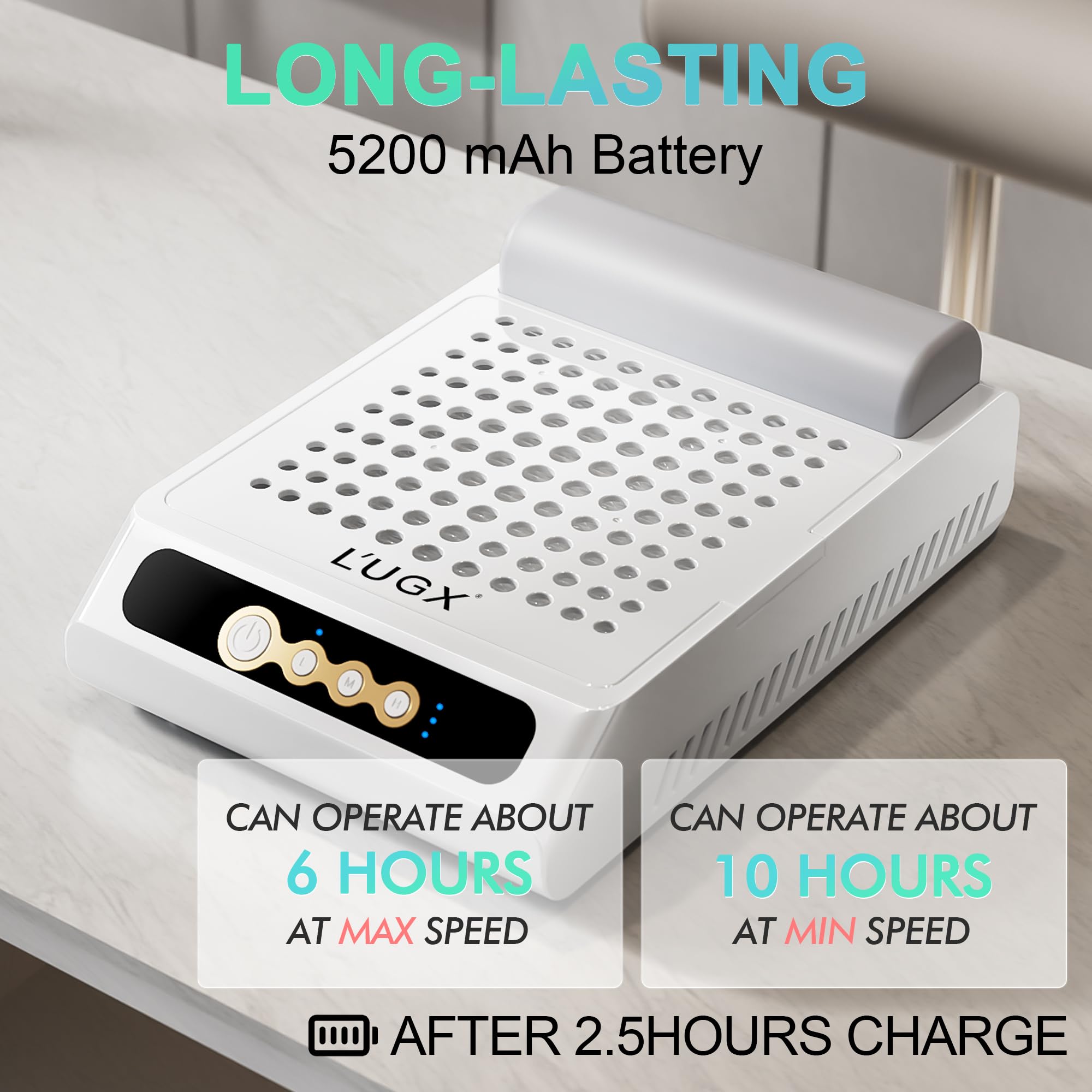 L'UGX Rechargeable Nail Dust Collector side view emphasizes portable design for chairside sessions.