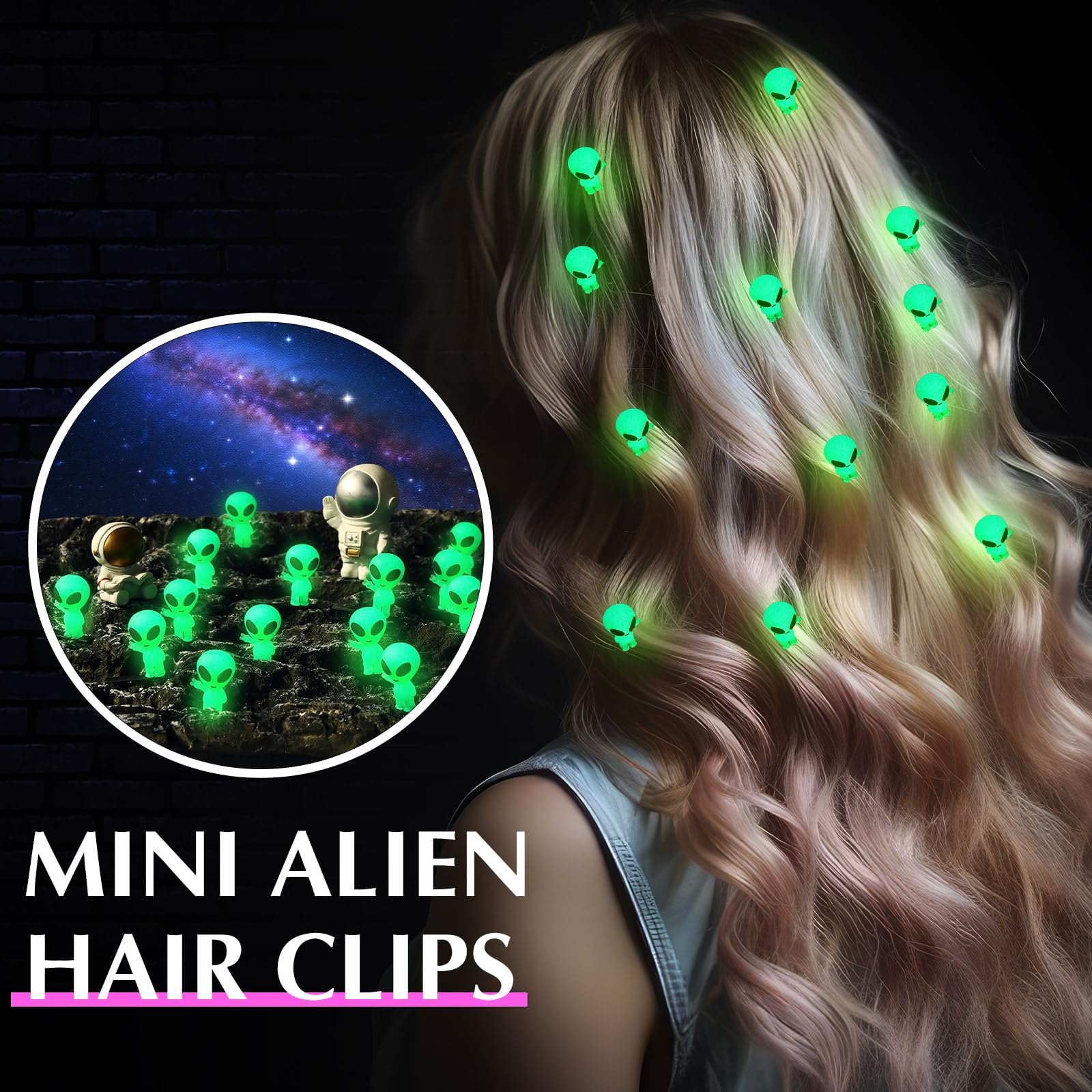 Luinabio alien hair clip glow green, stands out in dark venues