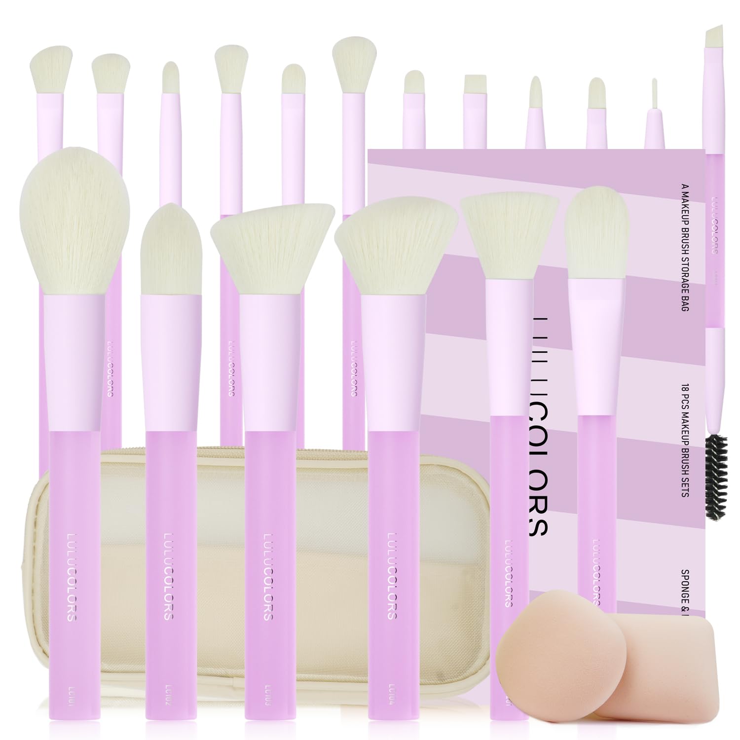 LULUCOLORS 18-piece makeup brush set with a soft purple finish for precise foundation application.