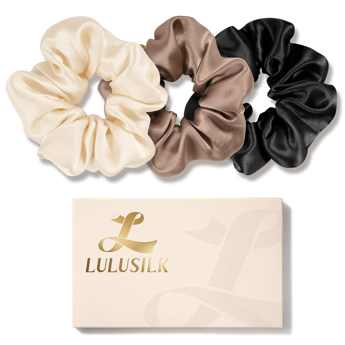 LULUSILK silk scrunchies pack-3 shows soft mulberry silk for gentle hair hold and overnight comfort