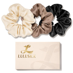 LULUSILK silk scrunchies pack-3 shows soft mulberry silk for gentle hair hold and overnight comfort