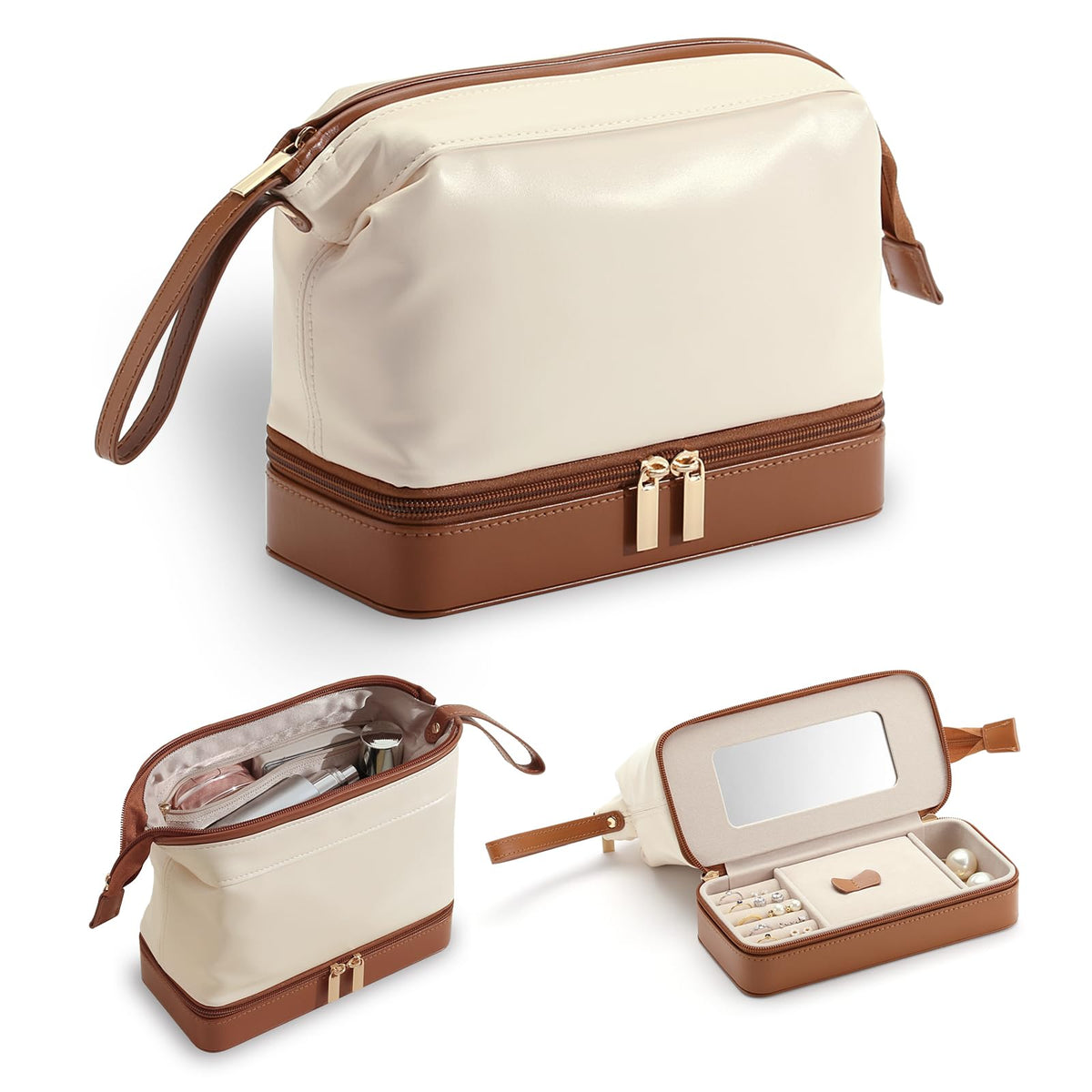 Lumayina 2-in-1 jewelry box makeup bag with built-in mirror keeps cosmetics and jewelry organized during trips.