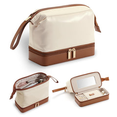 Lumayina 2-in-1 jewelry box makeup bag with built-in mirror keeps cosmetics and jewelry organized during trips.