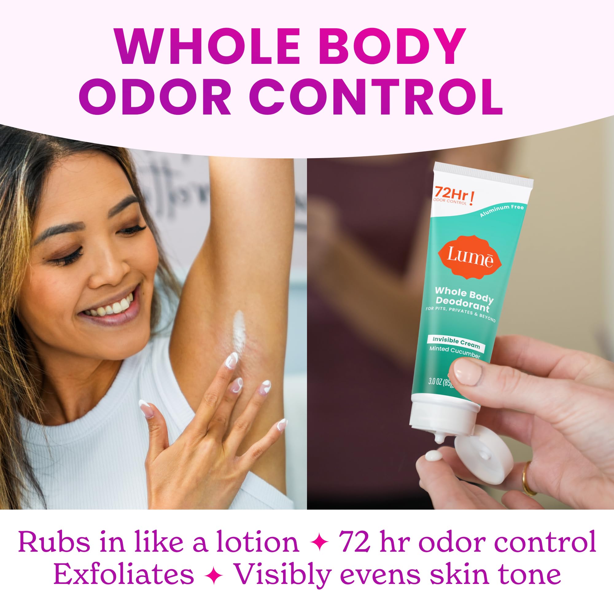 LUME 72-hour odor-control claim image suggests long-lasting protection without masking.