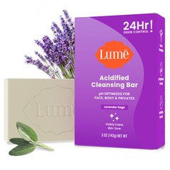 Lume Acidified Bar Lavender Sage packaging highlights odor control and OB/GYN developed formulation.