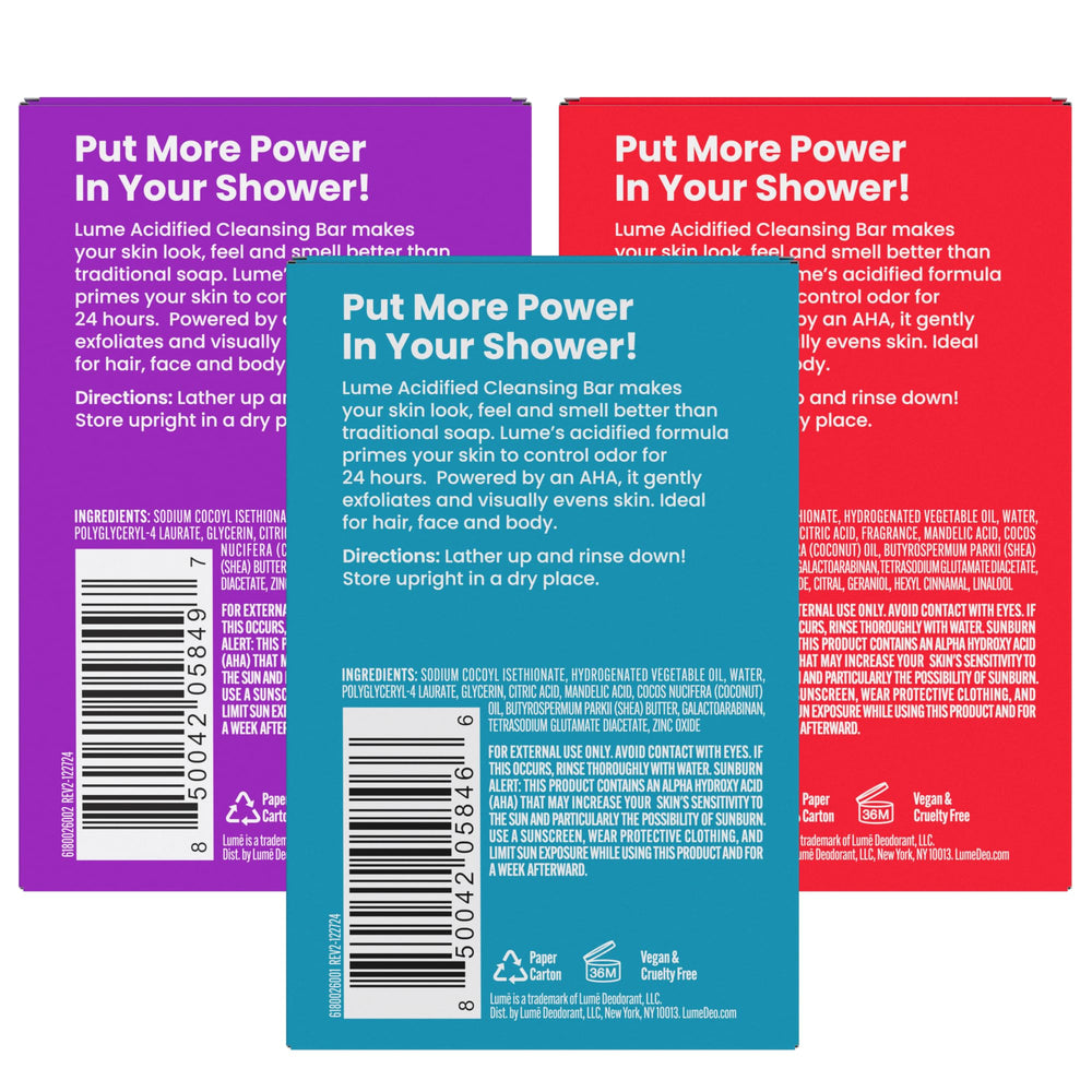 Lume no-SLS/no-parabens claim shown on packaging for safer odor-focused cleansing