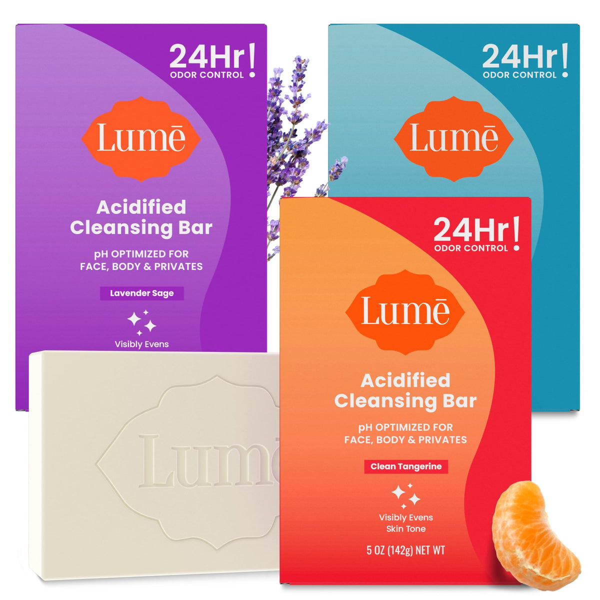 Lume acidified bar Tangerine packaging showing triple-milled formula and odor control promise