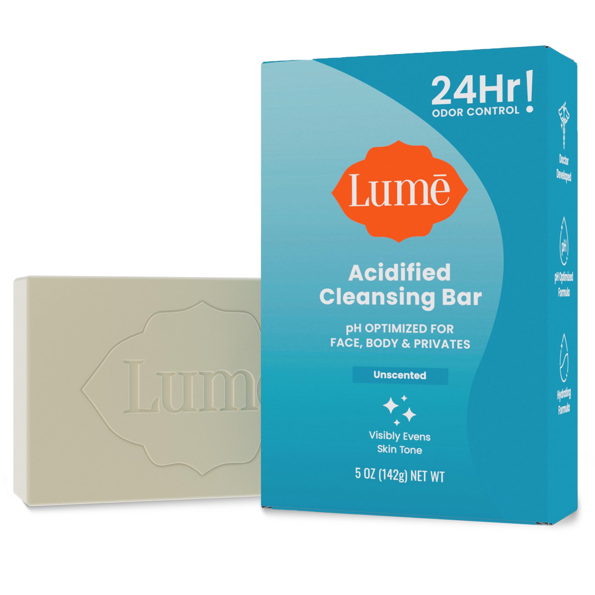 Lume Acidified Bar unscented packaging highlighting odor-control design for sensitive skin.