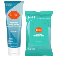 Lume acidified body wash bottle with hydrating formula for long-lasting odor control.