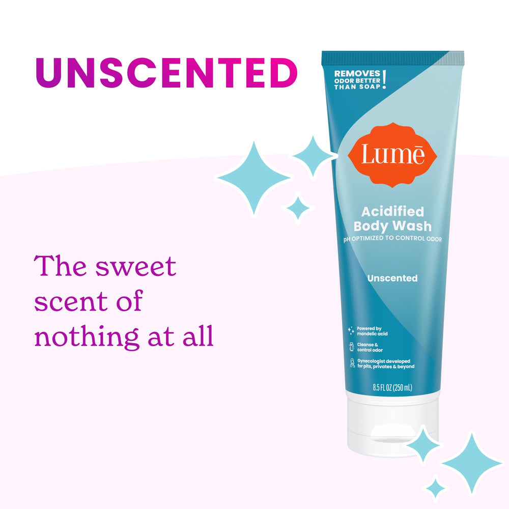 Lume acidified body wash pump-top indicates unscented option for odor control.