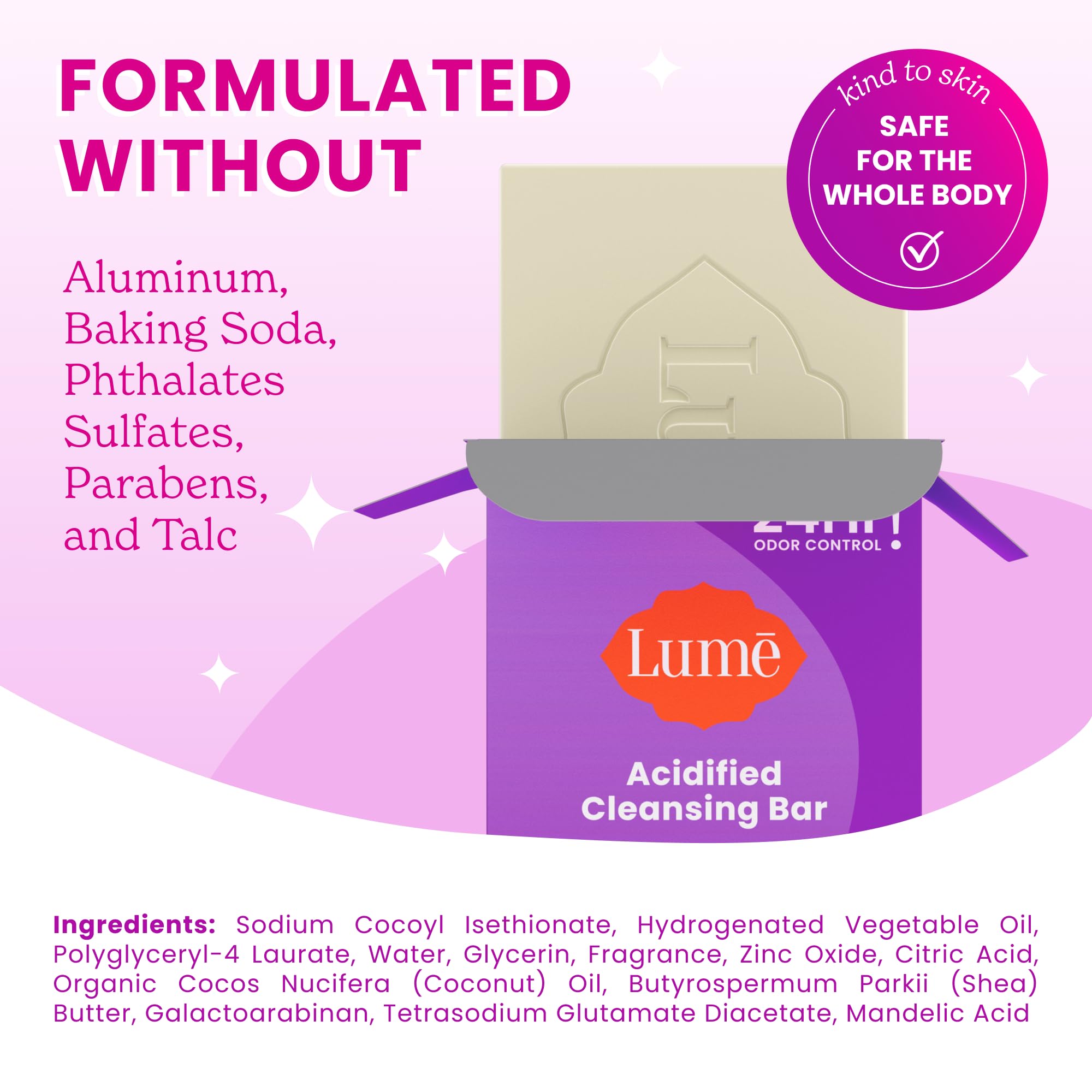 Lume Acidified Cleansing Bar Lavender Sage after-shower scene hints odor control.