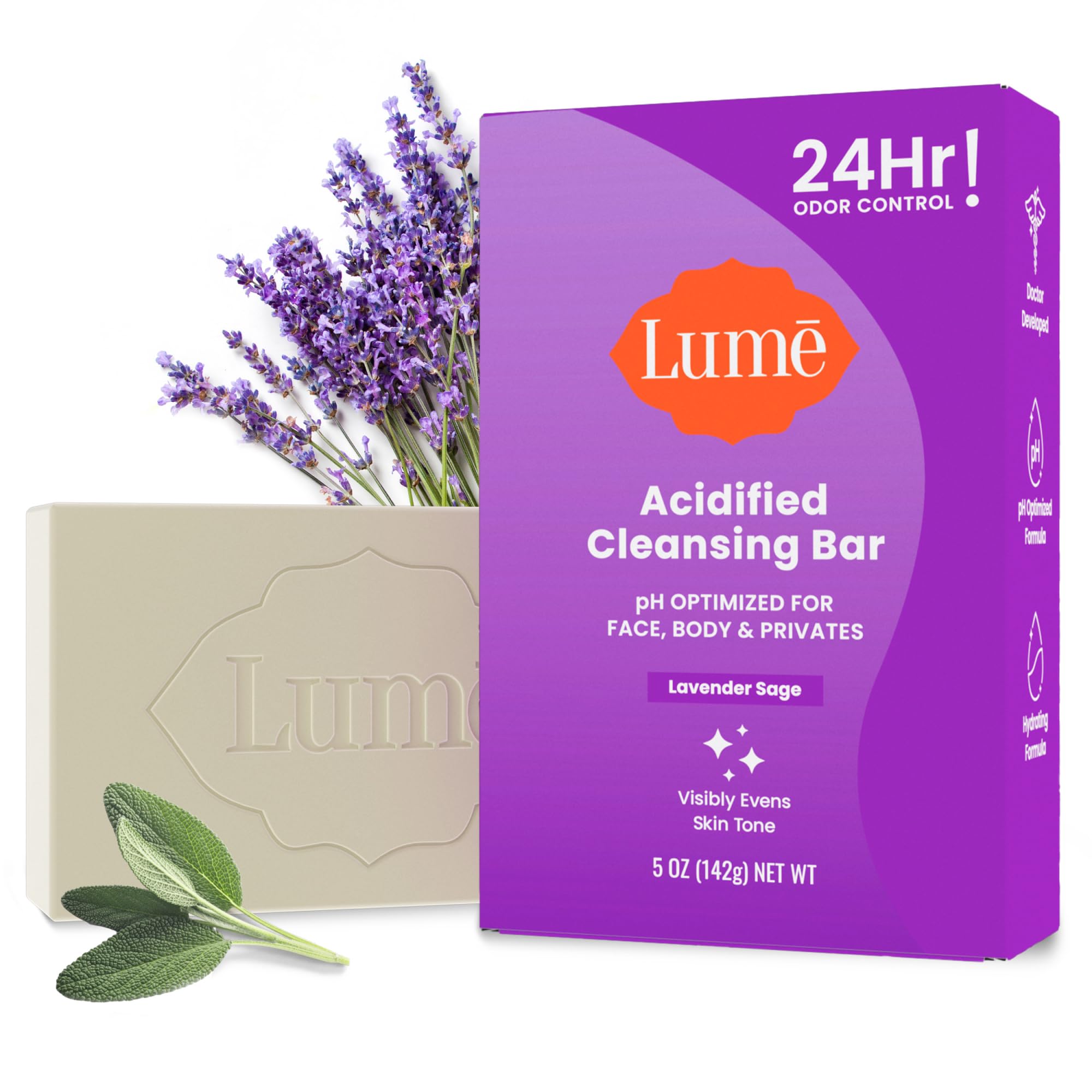 Lume Acidified Cleansing Bar Lavender Sage packaging signals portable odor control.