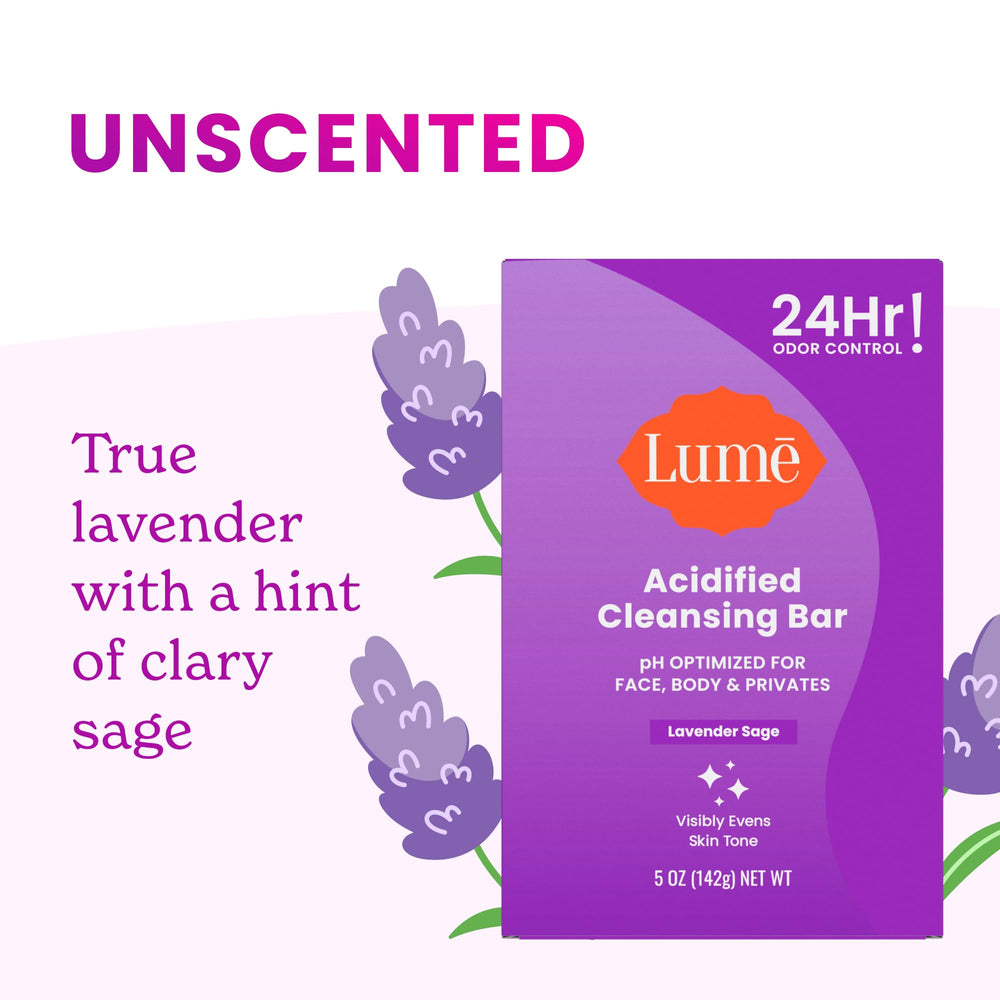 Lume Acidified Cleansing Bar Lavender Sage on shower shelf with lavender aroma.