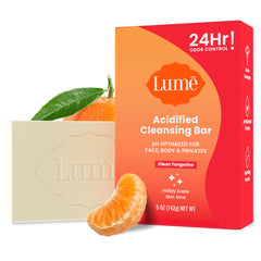 Lume Acidified Cleansing Bar packaging highlights Tangerine scent and 24-hour odor control