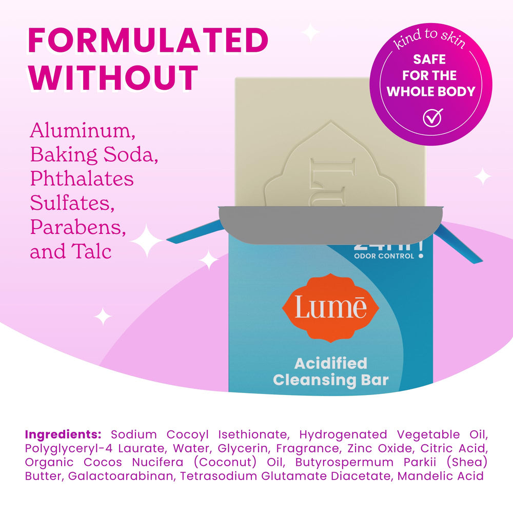 Lume Acidified Cleansing Bar in shower for odor-control routine.