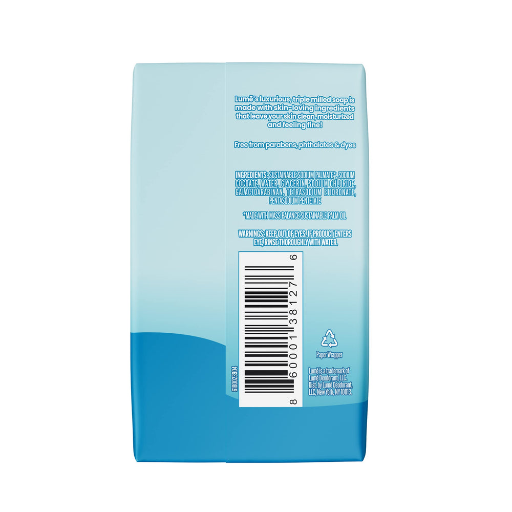 Lume acidified cleansing bar unscented close-up, fragrance-free daily cleansing option.