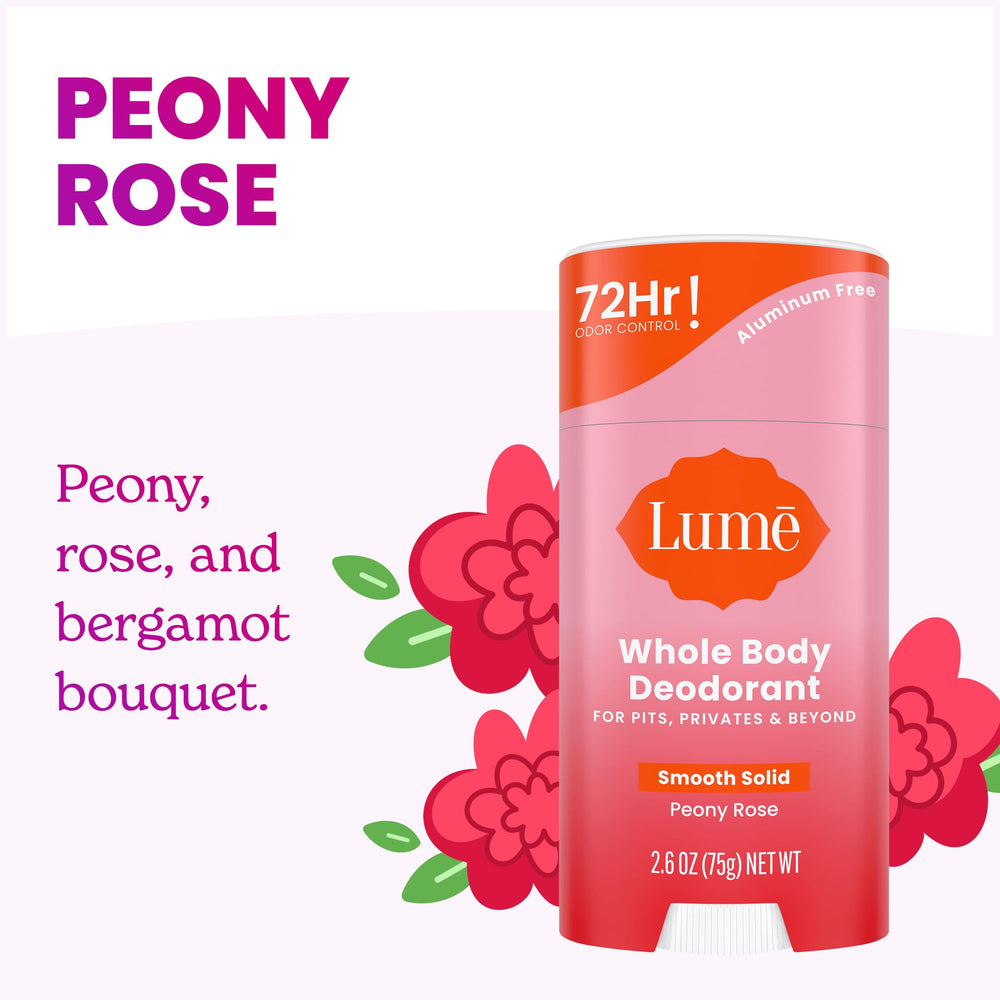Lume aluminum-free baking-soda-free formula shown on label for skin-friendly care.